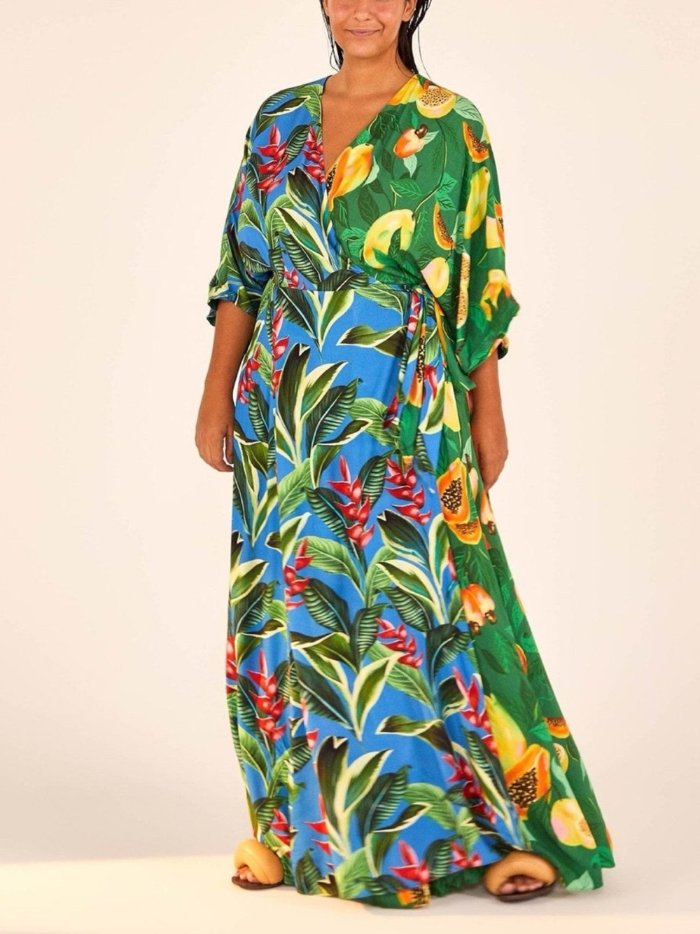Farm Rio Dual Prints Papaya Mango Tropical Wrap Maxi Dress in Green & Blue *Flaw
